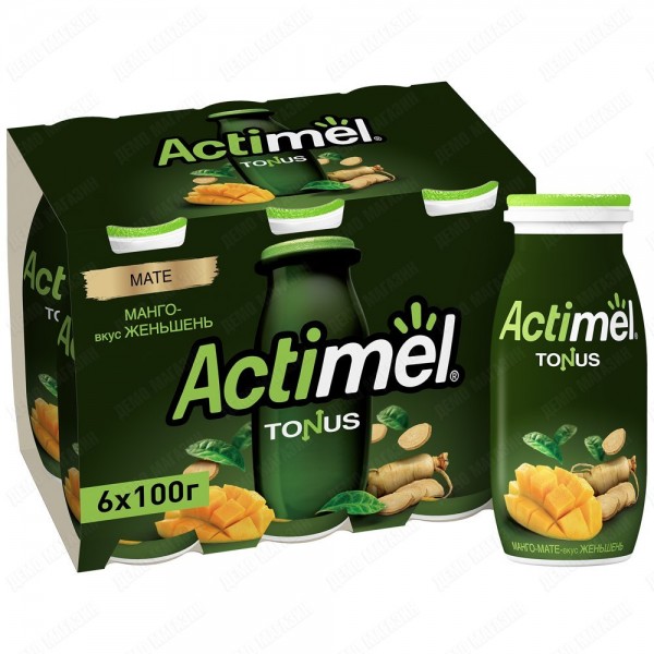 Продукт Actimel кисломолочный обогащенный манго-экстракт мате-женьшень 2.5% 6 штук по 100 г